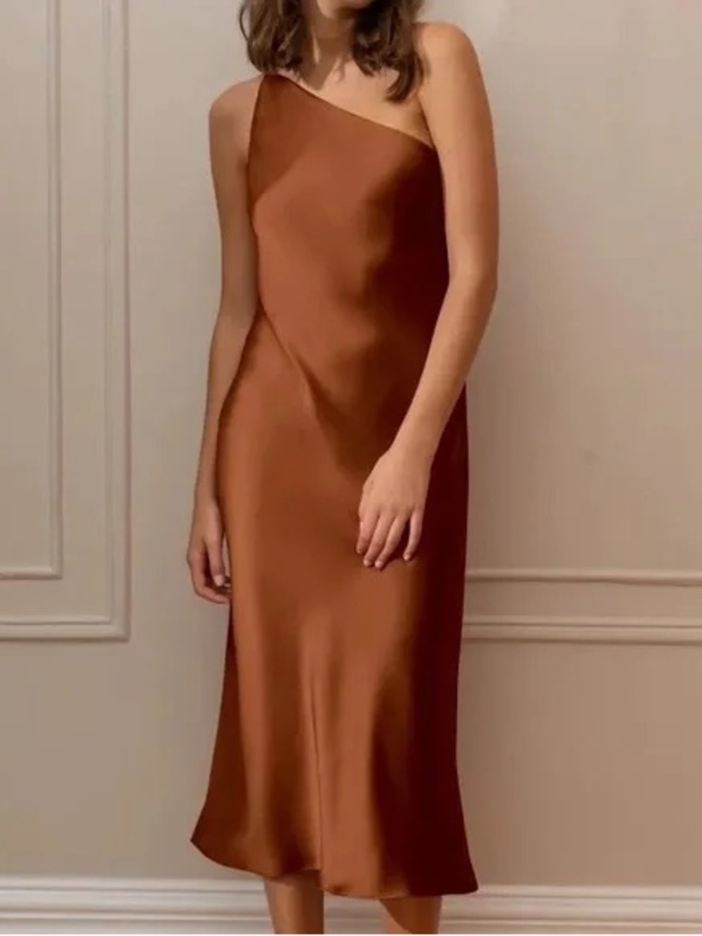 One-Shoulder Satin Midi Dress in Copper